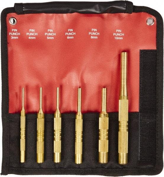 Mayhew - 6 Piece, 3 to 10mm, Pin Punch Set - Round Shank, Brass, Comes in Kit Bag - Apex Tool & Supply