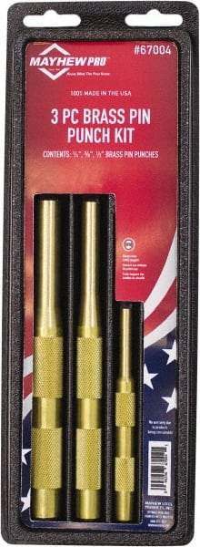 Mayhew - 3 Piece, 1/4 to 1/2", Pin Punch Set - Round Shank, Brass, Comes in Plastic Tray - Apex Tool & Supply
