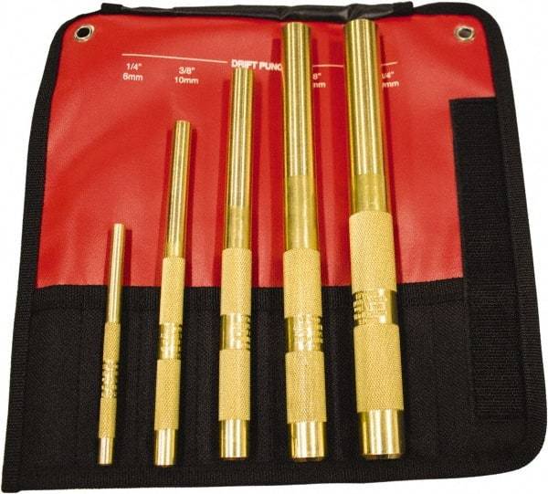 Mayhew - 5 Piece, 1/4 to 3/4", Drift Punch Set - Round Shank, Brass, Comes in Kit Bag - Apex Tool & Supply