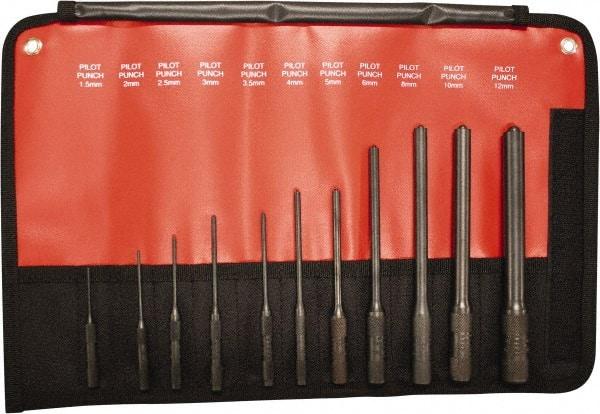 Mayhew - 11 Piece, 1.5 to 12mm, Pilot & Pin Punch Set - Hex Shank, Steel, Comes in Kit Bag - Apex Tool & Supply