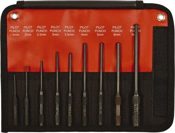 Mayhew - 9 Piece, 1.5 to 8mm, Pin & Pilot Punch Set - Hex Shank, Steel, Comes in Kit Bag - Apex Tool & Supply
