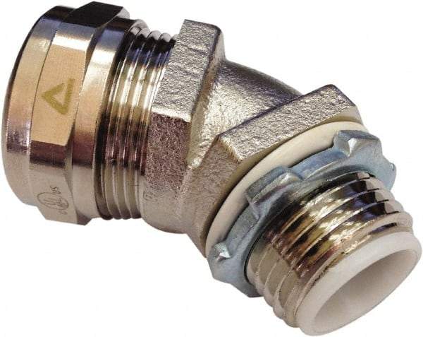 Anaconda Sealtite - 3/8" Trade, Nickel Plated Brass Threaded Angled Liquidtight Conduit Connector - Partially Insulated - Apex Tool & Supply