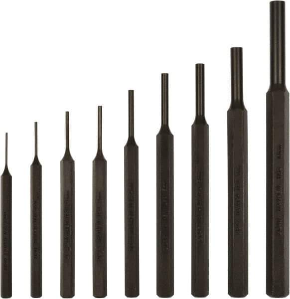 Mayhew - 9 Piece, 1.5 to 10mm, Pin Punch Set - Hex Shank, Steel, Comes in Kit Bag - Apex Tool & Supply