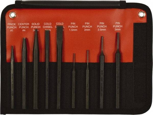 Mayhew - 9 Piece, 9/32 to 5/32", Pin Punch Set - Hex Shank, Steel, Comes in Kit Bag - Apex Tool & Supply
