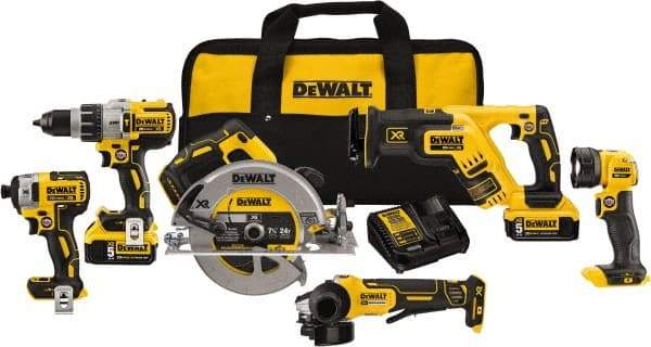 DeWALT - 20 Volt Cordless Tool Combination Kit - Includes 1/2" Brushless Hammerdrill, 1/4" Brushless Impact Driver, Brushless Reciprocating Saw, 7-1/2" Brushless Circular Saw, Cut-Off Tool/Grinder & LED Worklight, Lithium-Ion Battery Included - Apex Tool & Supply