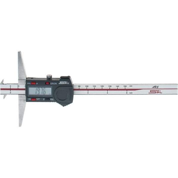 SPI - 0" to 150mm Stainless Steel Electronic Depth Gage - 0.02mm Accuracy, 0.01mm Resolution, 100mm Base Length, Hook Included - Apex Tool & Supply