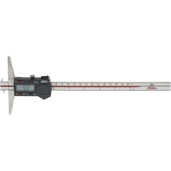 SPI - 0" to 200mm Stainless Steel Electronic Depth Gage - 0.03mm Accuracy, 0.01mm Resolution, 100mm Base Length, Hook Included - Apex Tool & Supply