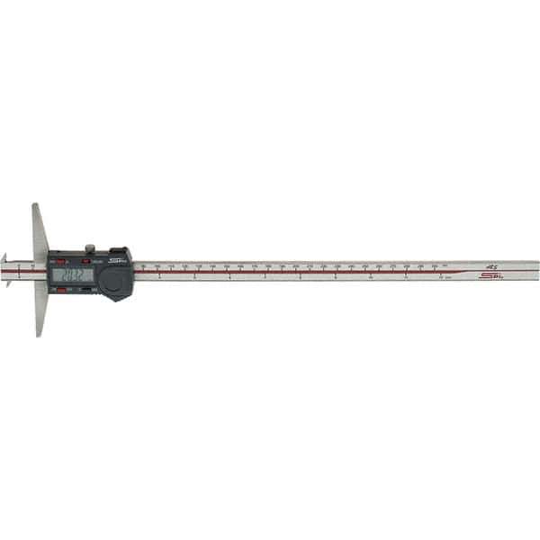 SPI - 0" to 300mm Stainless Steel Electronic Depth Gage - 0.04mm Accuracy, 0.01mm Resolution, 100mm Base Length, Hook Included - Apex Tool & Supply