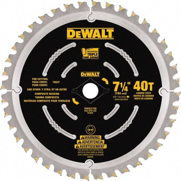 DeWALT - 7-1/4" Diam, 15.88mm Arbor Hole Diam, 40 Tooth Wet & Dry Cut Saw Blade - Steel, Framing Action, Standard Round Arbor - Apex Tool & Supply