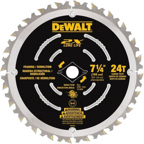 DeWALT - 7-1/4" Diam, 15.88mm Arbor Hole Diam, 48 Tooth Wet & Dry Cut Saw Blade - Steel, Framing Action, Standard Round Arbor - Apex Tool & Supply