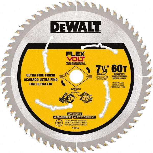 DeWALT - 7-1/4" Diam, 15.88mm Arbor Hole Diam, 60 Tooth Wet & Dry Cut Saw Blade - Steel, Smooth Action, Standard Round Arbor - Apex Tool & Supply