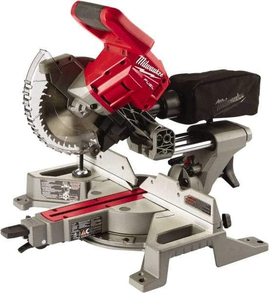 Milwaukee Tool - 5 Amp, 18 Volt, 5,000 RPM, 48° Left & Right Double Bevel Sliding Miter Saw - 5/8" Arbor, 7-1/4" Blade Diam, Includes Blade Wrench & Blade - Apex Tool & Supply