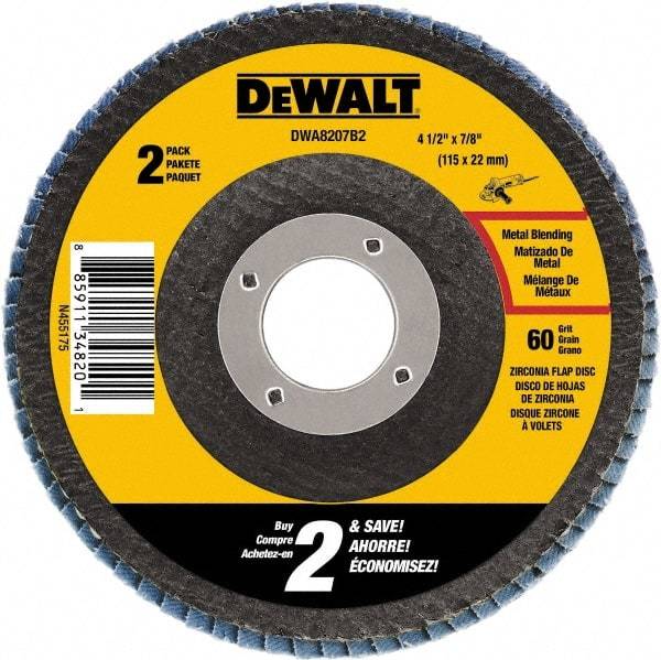 DeWALT - 60 Grit, 4-1/2" Wheel Diam, 3/4" Wheel Thickness, 7/8" Arbor Hole, Type 29 Depressed Center Wheel - Medium Grade, Zirconia Alumina, 13,300 Max RPM - Apex Tool & Supply