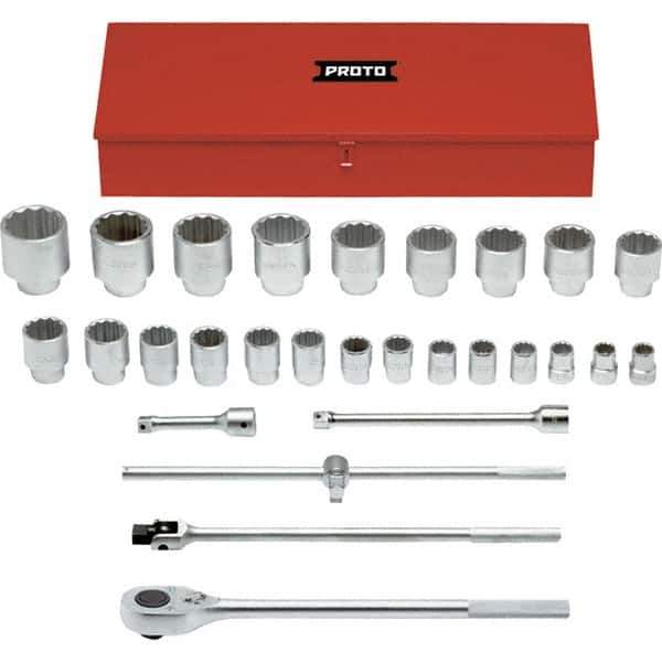 Proto - 29 Piece 1" Drive Chrome Finish Socket Set - 12 Points, 1-1/16" to 3-1/2" Range, Inch Measurement Standard - Apex Tool & Supply