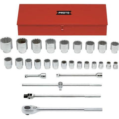 Proto - 29 Piece 1" Drive Chrome Finish Socket Set - 12 Points, 1-1/16" to 3-1/2" Range, Inch Measurement Standard - Apex Tool & Supply