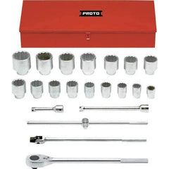 Proto - 22 Piece 1" Drive Chrome Finish Socket Set - 12 Points, 1-1/2" to 3-1/2" Range, Inch Measurement Standard - Apex Tool & Supply