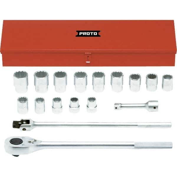 Proto - 17 Piece 1" Drive Chrome Finish Socket Set - 12 Points, 1-1/16" to 2" Range, Inch Measurement Standard - Apex Tool & Supply