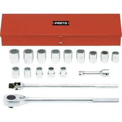 Proto - 17 Piece 1" Drive Chrome Finish Socket Set - 12 Points, 1-1/16" to 2" Range, Inch Measurement Standard - Apex Tool & Supply
