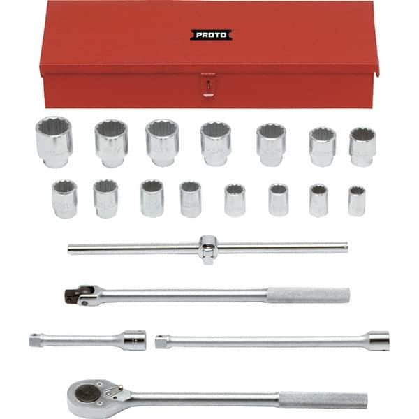 Proto - 20 Piece 3/4" Drive Chrome Finish Socket Set - 12 Points, 7/8" to 2" Range, Inch Measurement Standard - Apex Tool & Supply