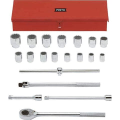 Proto - 20 Piece 3/4" Drive Chrome Finish Socket Set - 12 Points, 7/8" to 2" Range, Inch Measurement Standard - Apex Tool & Supply