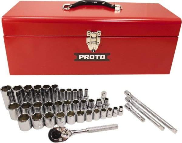 Proto - 39 Piece 3/8" & 1/2" Drive Chrome Finish Deep Well Socket Set - 6 Points, 5/16" to 1" Range, Inch Measurement Standard - Apex Tool & Supply