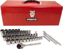 Proto - 39 Piece 3/8" & 1/2" Drive Chrome Finish Deep Well Socket Set - 6 Points, 5/16" to 1" Range, Inch Measurement Standard - Apex Tool & Supply