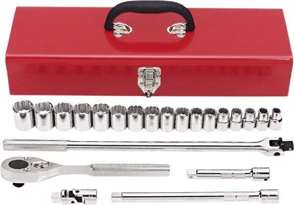 Proto - 22 Piece 1/2" Drive Chrome Finish Socket Set - 12 Points, 10mm to 26mm Range, Metric Measurement Standard - Apex Tool & Supply