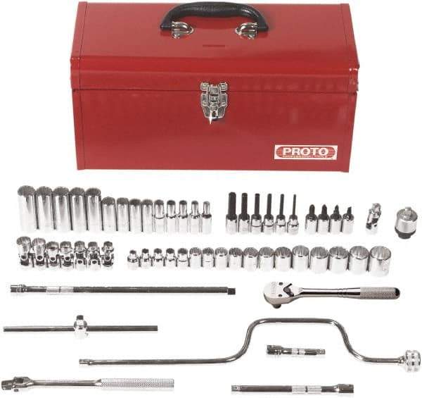 Proto - 57 Piece 3/8" Drive Chrome Finish Deep Well Socket Set - 12 Points, 6mm to 22mm Range, Metric Measurement Standard - Apex Tool & Supply