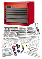 Proto - 302 Piece 1/4", 3/8" & 1/2" Drive Chrome Finish Deep Well Socket Set - 6, 12 Points, 5/32" to 1-1/2" (4mm to 24mm) Range, Inch/Metric Measurement Standard - Apex Tool & Supply