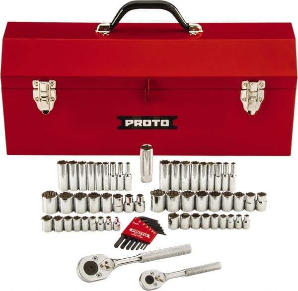 Proto - 63 Piece 1/4" & 3/8" Drive Chrome Finish Deep Well Socket Set - 6, 12 Points, 1/8" to 3/4" (5mm to 18mm) Range, Inch/Metric Measurement Standard - Apex Tool & Supply