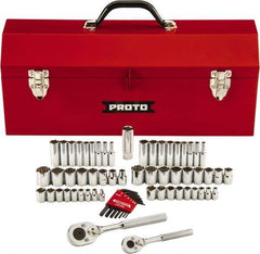 Proto - 63 Piece 1/4" & 3/8" Drive Chrome Finish Deep Well Socket Set - 6, 12 Points, 1/8" to 3/4" (5mm to 18mm) Range, Inch/Metric Measurement Standard - Apex Tool & Supply