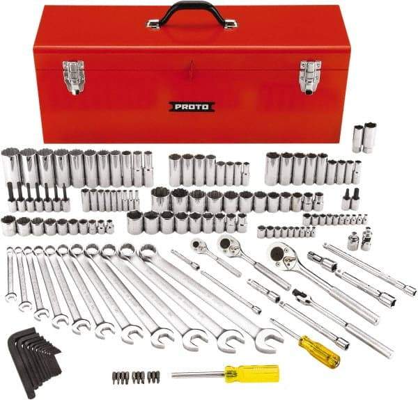 Proto - 148 Piece 1/4, 3/8 & 1/2" Drive Standard Deep Socket Set - 6 & 12 Points, 5/32 to 1-1/8", Inch Measurement Standard - Apex Tool & Supply