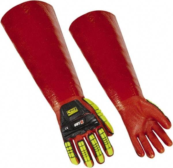 Ringers Gloves - Size XL (12), 18" Long, 10 mil Thick, PVC Chemical Resistant Gloves - Textured Finish, KEVLAR Lined, Gauntlet Cuff, ANSI Abrasion Level 4, ANSI Cut Level 3, Hi-Viz Yellow/Red - Apex Tool & Supply