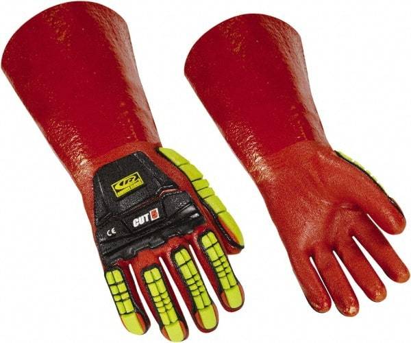 Ringers Gloves - Size XL (12), 14" Long, 10 mil Thick, PVC Chemical Resistant Gloves - Textured Finish, KEVLAR Lined, Gauntlet Cuff, ANSI Abrasion Level 4, ANSI Cut Level 3, Hi-Viz Yellow/Red - Apex Tool & Supply