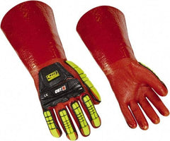 Ringers Gloves - Size M (10), 14" Long, 10 mil Thick, PVC Chemical Resistant Gloves - Textured Finish, KEVLAR Lined, Gauntlet Cuff, ANSI Abrasion Level 4, ANSI Cut Level 3, Hi-Viz Yellow/Red - Apex Tool & Supply