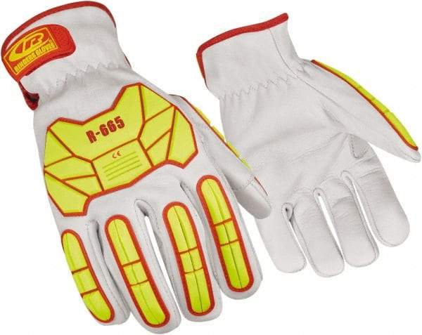 Ringers Gloves - Size 2XL (12), ANSI Cut Lvl 3, Goatskin Leather Cut Resistant Gloves - Hook & Loop Cuff, White/Hi-Vis Yellow, Paired - Apex Tool & Supply