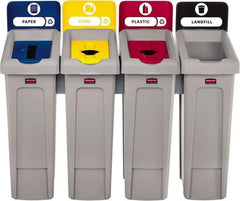 Rubbermaid - 23 Gal Gray Rectangle Recycling Container - Polyethylene, Landfill, Paper, Plastic, and Cans Graphic, 40-1/4" High x 21-1/2" Long x 48" Wide, Lid Included - Apex Tool & Supply