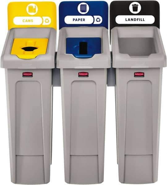 Rubbermaid - 23 Gal Gray Rectangle Recycling Container - Polyethylene, Landfill, Paper, Bottles/Cans Graphic, 40-1/4" High x 21-1/2" Long x 36" Wide, Lid Included - Apex Tool & Supply