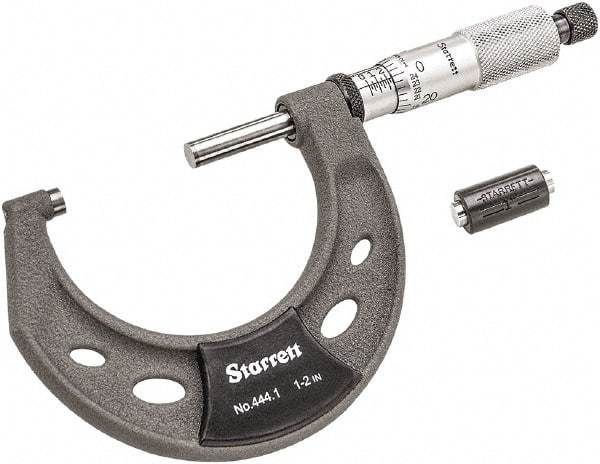 Starrett - 1 to 2" Range, 0.0001" Graduation, Mechanical Outside Micrometer - Ratchet Thimble, 1-1/4" Throat Depth, Accurate to 0.0001" - Apex Tool & Supply