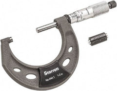 Starrett - 1 to 2" Range, 0.0001" Graduation, Mechanical Outside Micrometer - Ratchet Thimble, 1-1/4" Throat Depth, Accurate to 0.0001" - Apex Tool & Supply