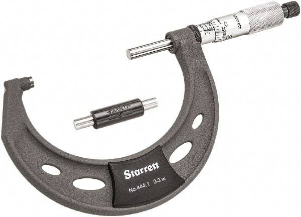 Starrett - 2 to 3" Range, 0.0001" Graduation, Mechanical Outside Micrometer - Ratchet Thimble, 1-3/4" Throat Depth, Accurate to 0.0001" - Apex Tool & Supply