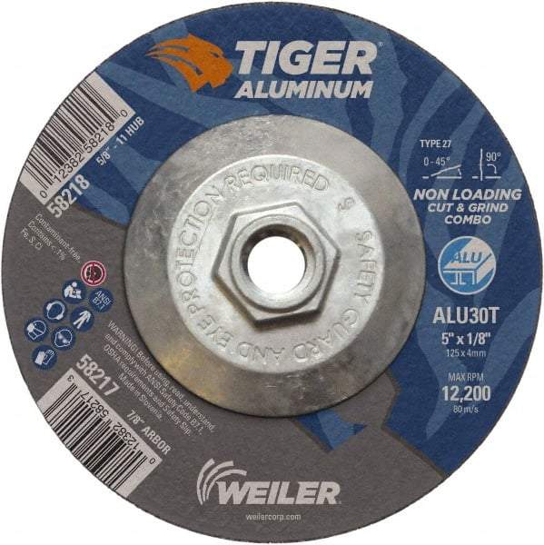 Weiler - 5" 30 Grit Aluminum Oxide/Silicon Carbide Blend Cutoff Wheel - 1/8" Thick, 5/8-11 Arbor, 12,200 Max RPM, Use with Angle Grinders - Apex Tool & Supply
