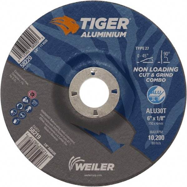 Weiler - 6" 30 Grit Aluminum Oxide/Silicon Carbide Blend Cutoff Wheel - 1/8" Thick, 7/8" Arbor, 10,200 Max RPM, Use with Angle Grinders - Apex Tool & Supply