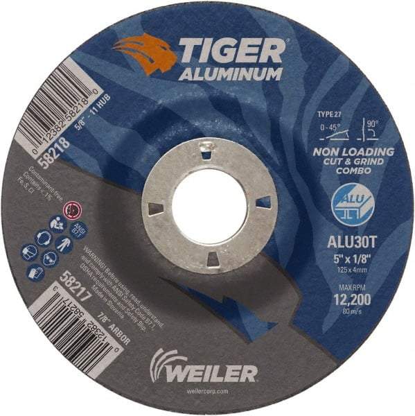 Weiler - 5" 30 Grit Aluminum Oxide/Silicon Carbide Blend Cutoff Wheel - 1/8" Thick, 7/8" Arbor, 12,200 Max RPM, Use with Angle Grinders - Apex Tool & Supply