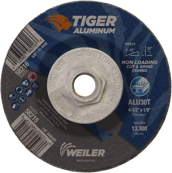 Weiler - 4-1/2" 30 Grit Aluminum Oxide/Silicon Carbide Blend Cutoff Wheel - 1/8" Thick, 5/8-11 Arbor, 13,300 Max RPM, Use with Angle Grinders - Apex Tool & Supply
