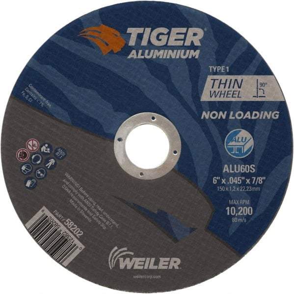 Weiler - 6" 60 Grit Aluminum Oxide/Silicon Carbide Blend Cutoff Wheel - 0.045" Thick, 7/8" Arbor, 10,200 Max RPM, Use with Angle Grinders - Apex Tool & Supply