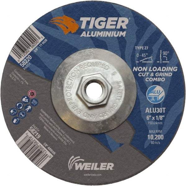 Weiler - 6" 30 Grit Aluminum Oxide/Silicon Carbide Blend Cutoff Wheel - 1/8" Thick, 5/8-11 Arbor, 10,200 Max RPM, Use with Angle Grinders - Apex Tool & Supply