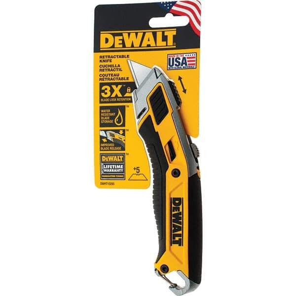 Stanley - Retractable Utility Knife - 2-1/2" Carbon Steel Blade, Yellow & Black Bi-Material -ABS/TPR Handle, 5 Blades Included - Apex Tool & Supply