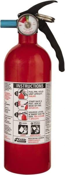 Kidde - 2 Lb, 5-B:C Rated, Dry Chemical Fire Extinguisher - 3-1/4" Diam x 10.95" High, 100 psi, 12' Discharge in 12 sec, Seamless Aluminum Cylinder - Apex Tool & Supply