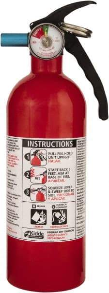 Kidde - 1.5 Lb, 5-B:C Rated, Dry Chemical Fire Extinguisher - 3-1/4" Diam x 11.65" High, 100 psi, 8' Discharge in 12 sec, Seamless Aluminum Cylinder - Apex Tool & Supply